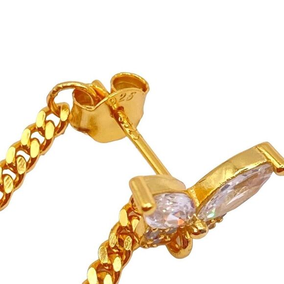 Gold sterling silver butterfly chain stud earrings - Picture 3 of 4